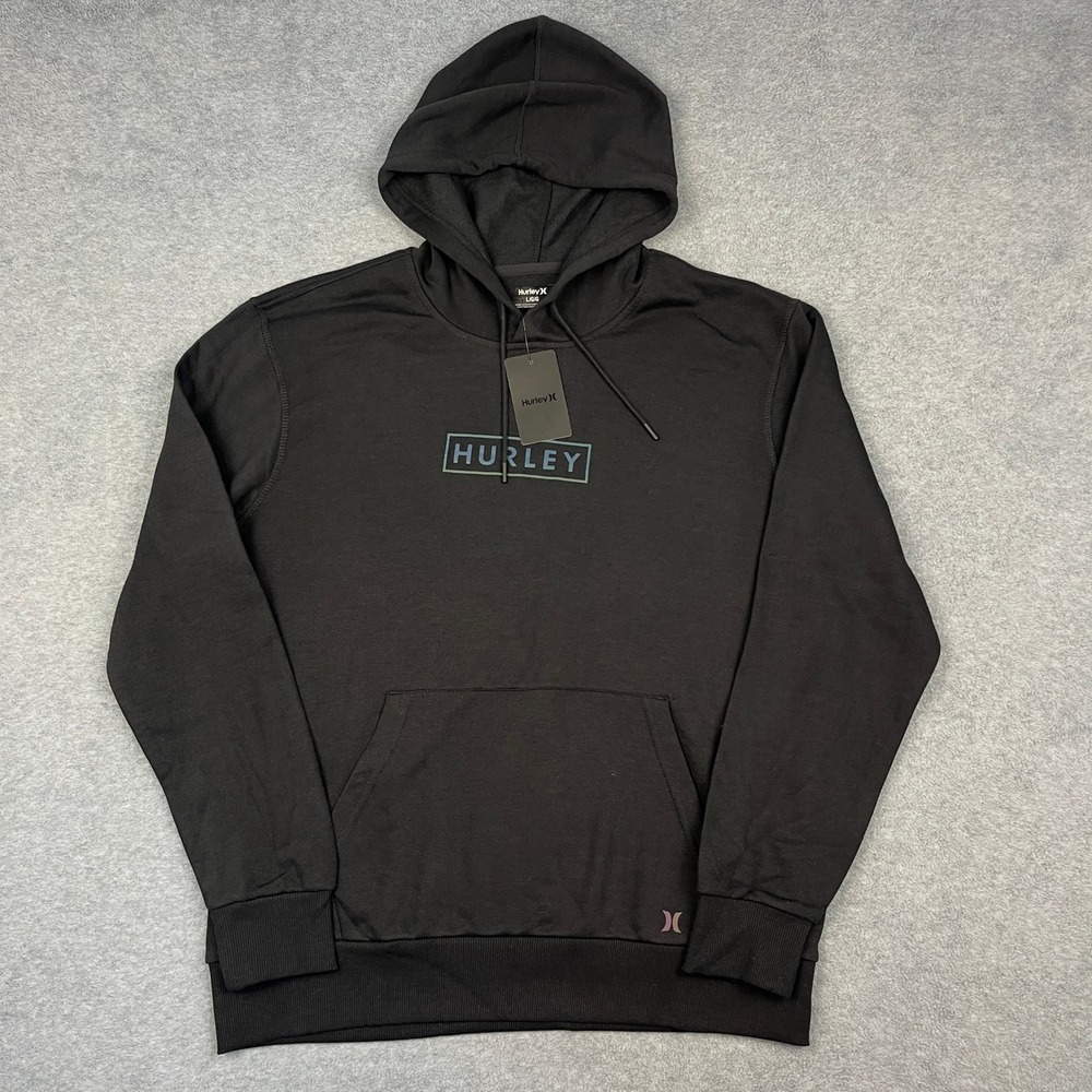 NWT Hurley Pullover Hoodie Mens Large Black Boxed Fleece Logo Long Sleeve Casual